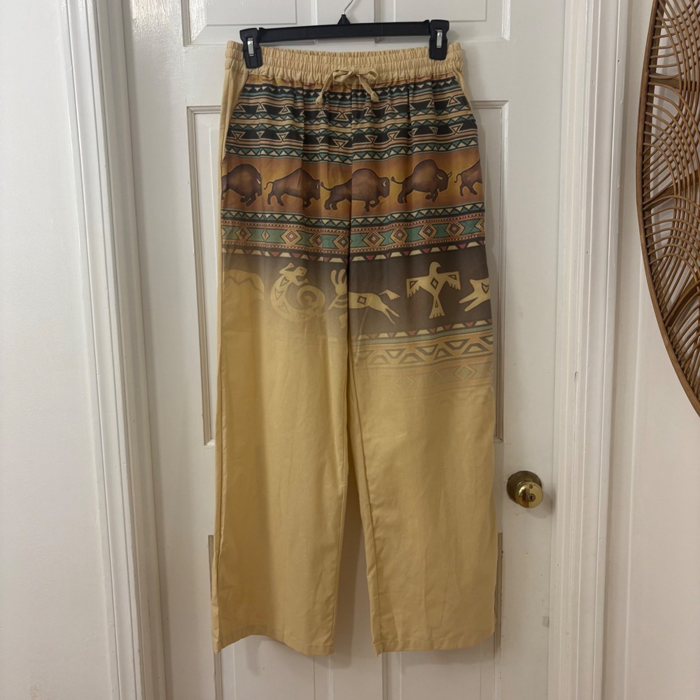 ADOR Wide Leg Western Buffalo Pants L Cotton Linen Boho Graphic NEW NWT